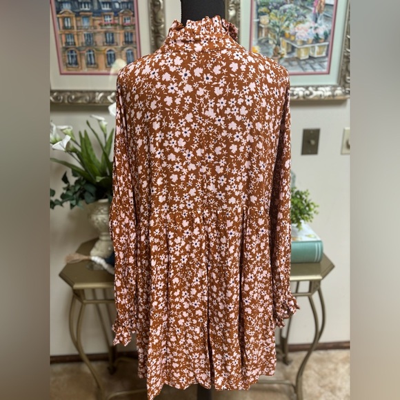 VICI COLLECTION BROWN & PINK FLORAL BOHO RUFFLE WESTERN PRARIE DRESS SZ S-M - Picture 4 of 10